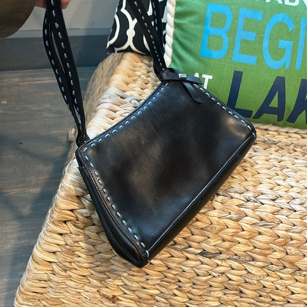 Oroton Brown Leather Blue Trimmed Mini Shoulder Bag